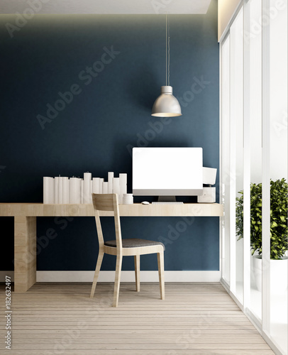 workplace and blue gray wall in home or apartment - Interior design for artwork - 3D Rendering.
