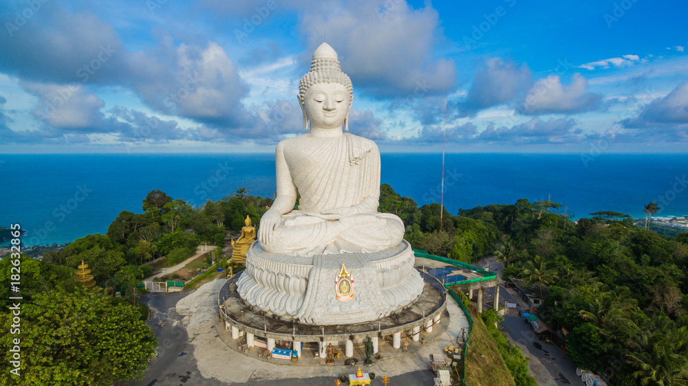 blue sky and blue ocean are on the back of Phuket Big Buddha. blue sky and blue ocean are on the back of Phuket Big Buddha.