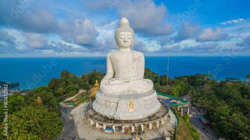 blue sky and blue ocean are on the back of Phuket Big Buddha.