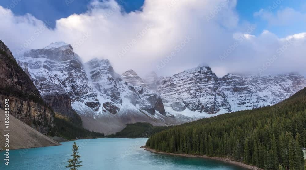 Time lapse Moraine Lake morning fog in Banff National Park, Alberta, Canada. Time lapse Moraine Lake morning fog in Banff National Park, Alberta, Canada.