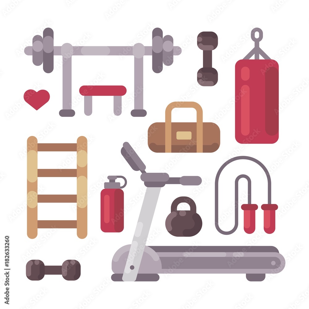 Set of gym equipment icons. Sport and fitness objects flat illustration Set of gym equipment icons. Sport and fitness objects flat illustration