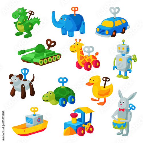 Clockwork toy key vector mechanic playroom toyshop mechanism for kids animal clock work car, train, robot illustration isolated on white background