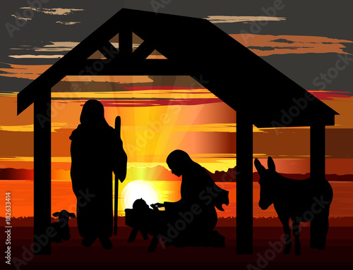 Jesus birth nativity vector illustration, black silhouettes against a sunset background.