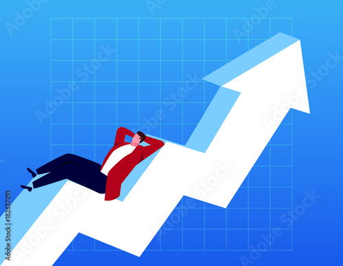 Businessman lying on a rising arrow resting