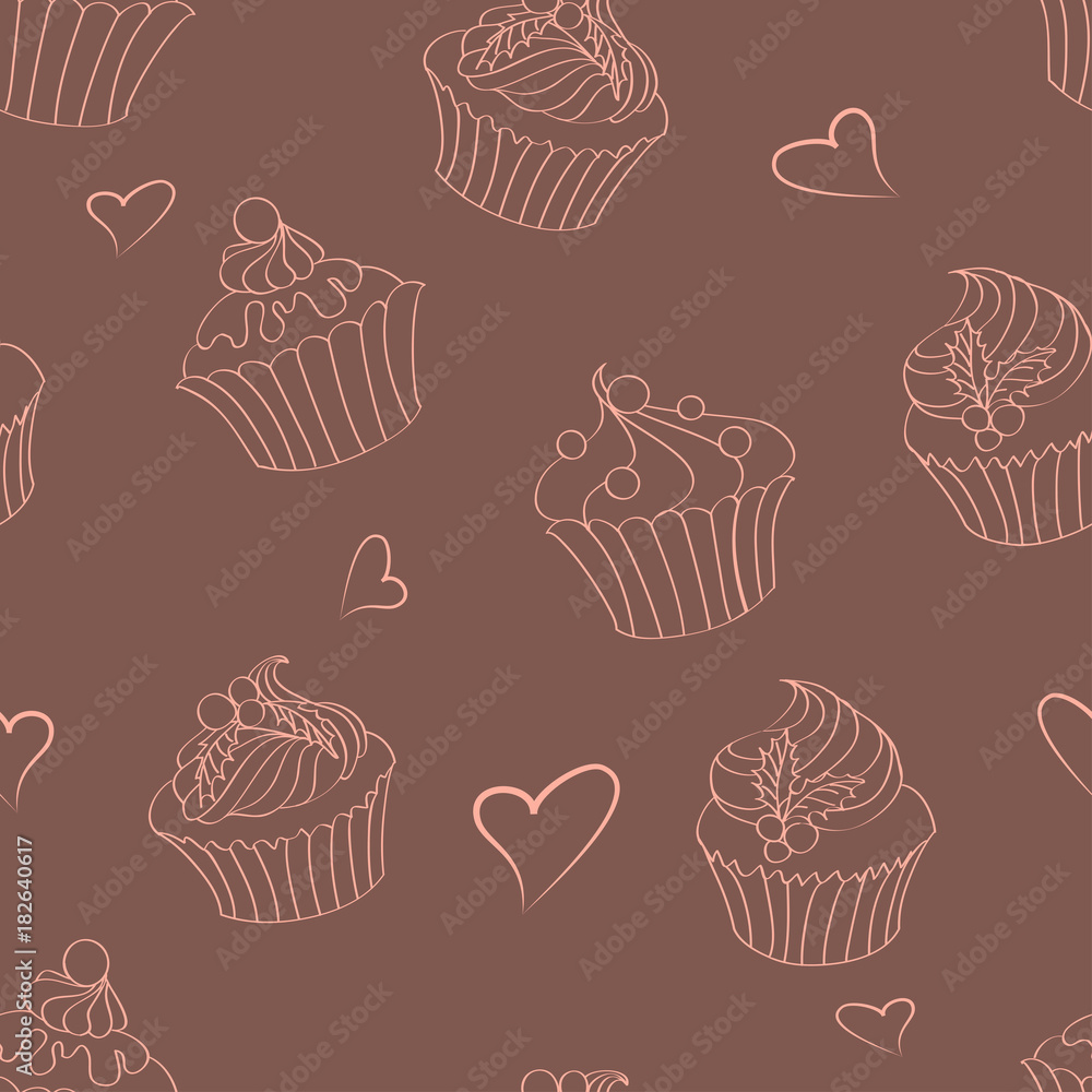 Seamless pattern of outlines delicious Christmas cupcakes Seamless pattern of outlines delicious Christmas cupcakes