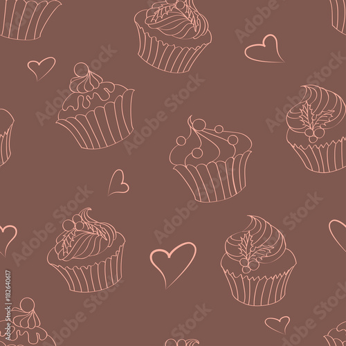 Seamless pattern of outlines delicious Christmas cupcakes
