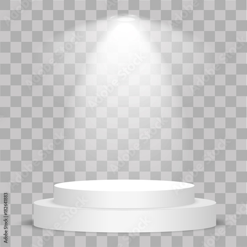 Round stage podium illuminated with light on transparent background. Stage vector backdrop. Festive podium scene with red carpet for award ceremony. Vector illustration