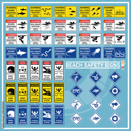 Set of signs and symbols of beach safety warning, Safety signs for use as beach safety rules, Beach safety caution signs