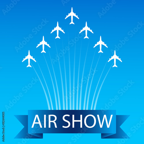 Card or poster for air show advertising. Airplanes flying in the sky in combat order. Team aerobatic military fighters performs flight at air show. Vector illustration in flat style