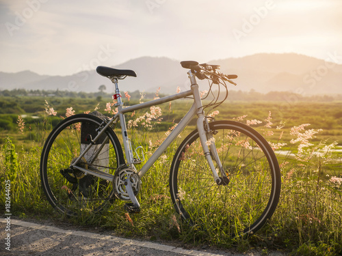 Landscape picture Vintage Bicycle with Summer grass field at sunset ; vintage filter style.