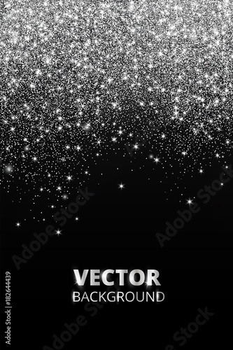 Falling glitter confetti. Vector silver dust, explosion on black background. Sparkling glitter border, festive frame.