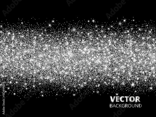 Sparkling glitter border on black background. Silver rectangle of glitter confetti, vector dust. 