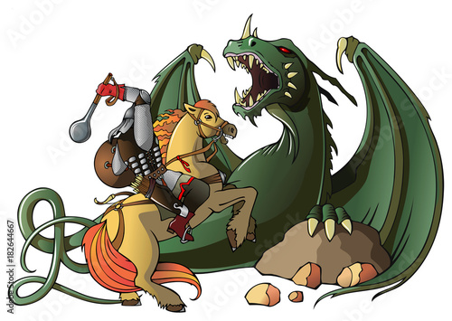 Russian warrior fights against giant dragon, vector illustration