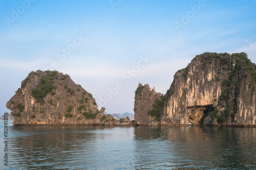 Beautiful view of rock island in Halong Bay, Vietnam.It is a beautiful natural wonder in northern Vietnam near the Chinese border. © gracethang
