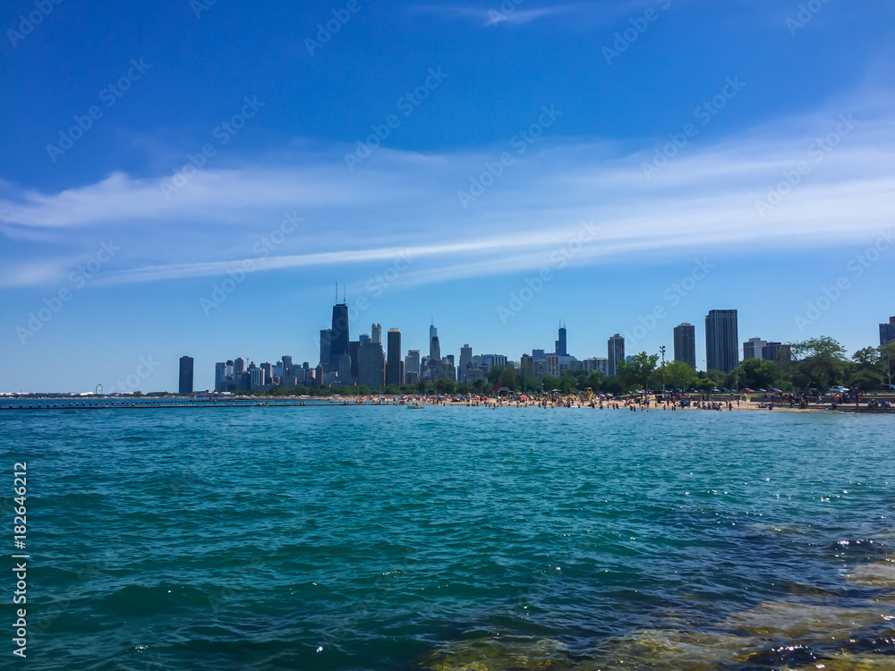 Chicago skyline and beach view from Lake Michigan 