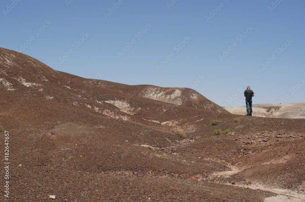 man on black rocks desert