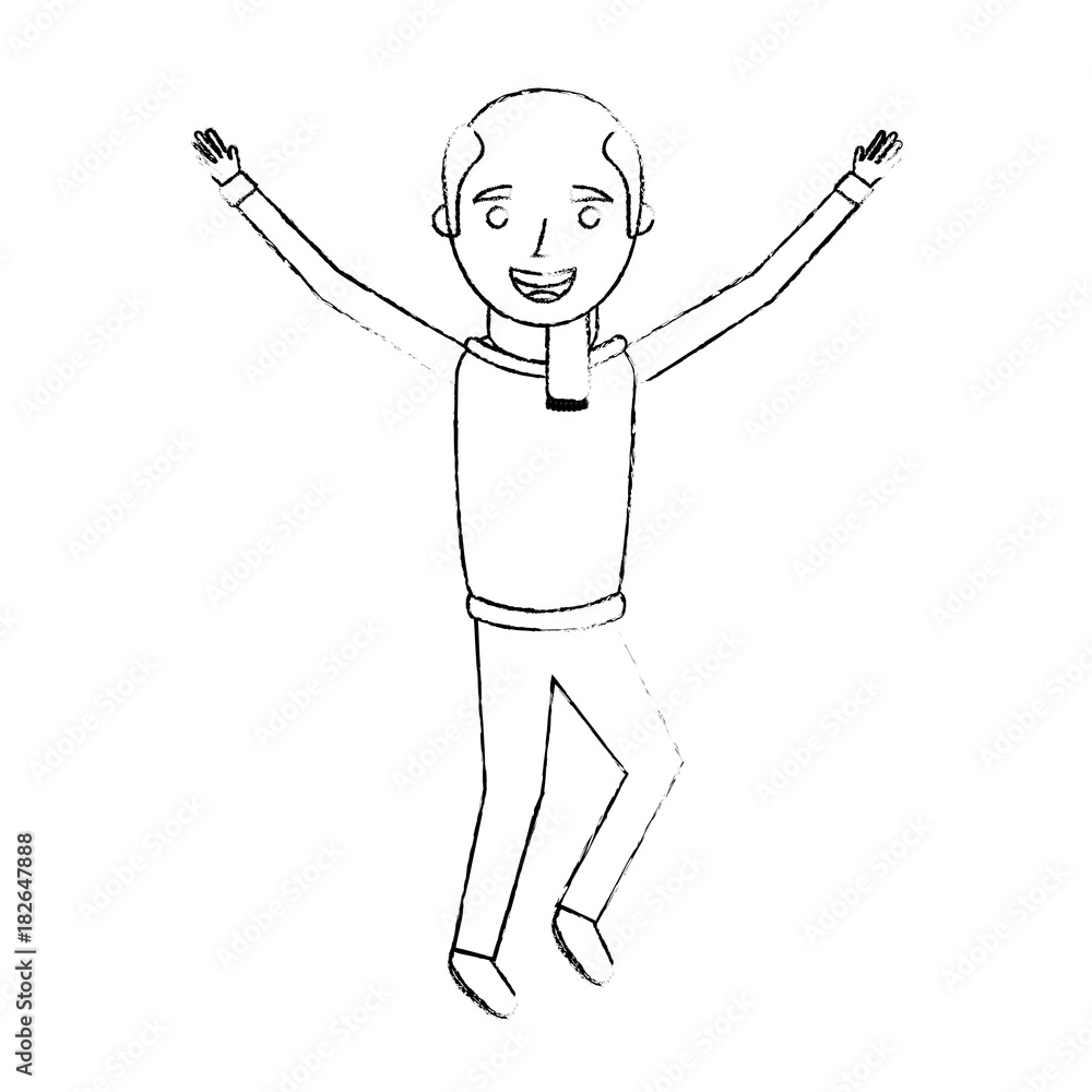 old man happy grandfather hands up character sketch vector illustration