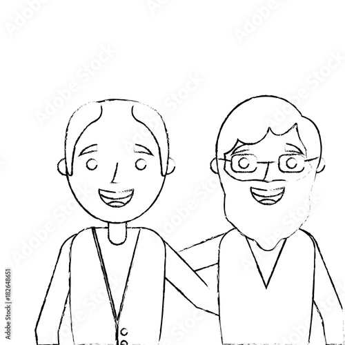 portrait cartoon of two old men embraced friends together vector illustration