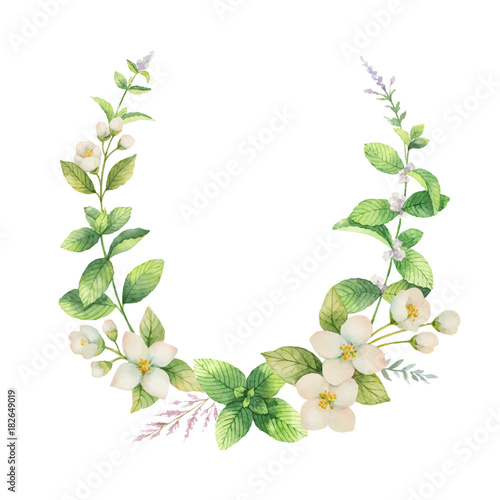 Watercolor vector frame of Jasmine and mint branches isolated on white background.