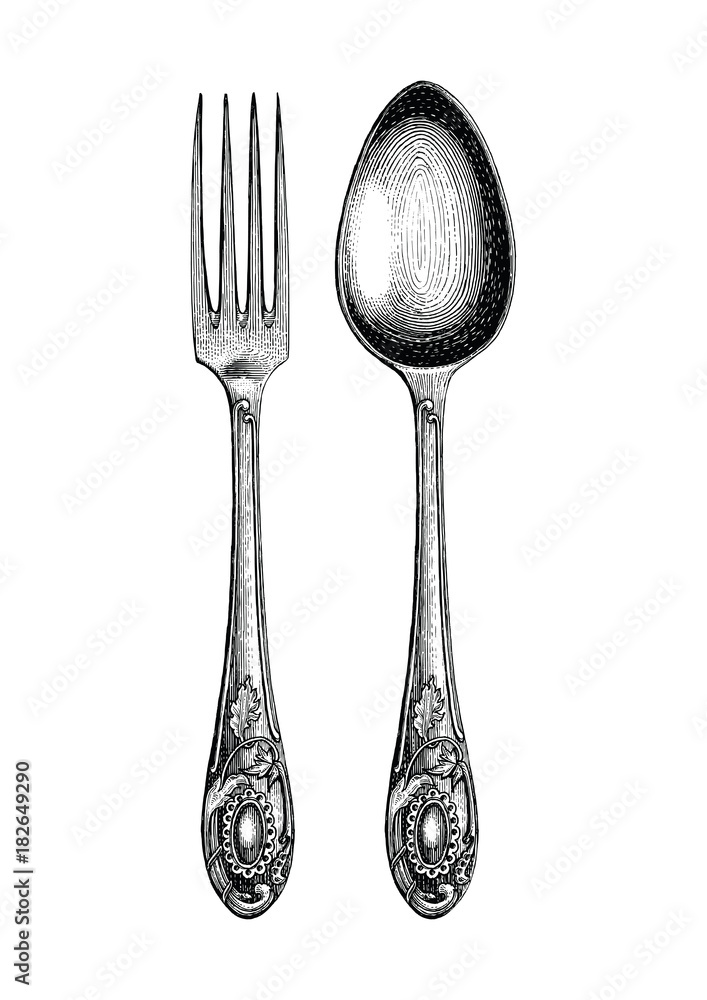 Vintage spoon and fork hand drawing,Spoon and fork sketch art isolate