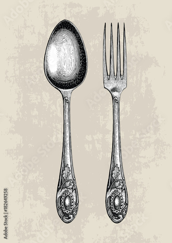 Vintage spoon and fork hand drawing,Spoon and fork sketch art isolate on grunge background