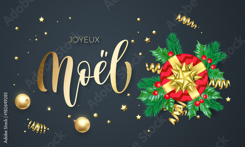 Joyeux Noel French Merry Christmas golden decoration on gold font calligraphy greeting card design. Vector Christmas tree holly wreath decoration, New Year holiday confetti on black premium background