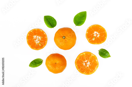 fresh orange with green lea isolate on white background