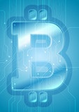 Blue technology background with bitcoin emblem