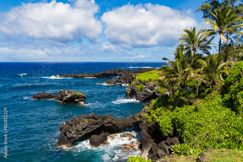 Hawaiian Coastline scenic landscape showcasing volcanic rock formation in Wai'anapanapa state park on Maui 