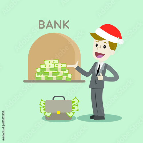 Credit. A bank gives out a loan in dollars. Businessman or manager in Christmas hat gets a bank loan. Profit. Vector, illustration