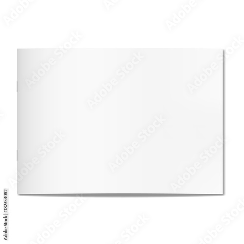 Vector thin horizontal realistic closed book, journal or magazine cover mockup with sheet of A4. Blank front or cover page of sketchbook or notepad on staples template for catalog, brochure design