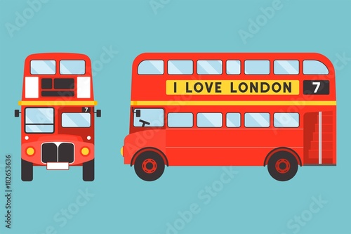 Photography Red double-decker bus icon front and side view with I love london tag
