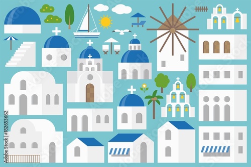 Santorini elements constructor set include church, bell, beach chair, umbrella, seagull, tree, building in flat design for make an Island of Santorini, greece