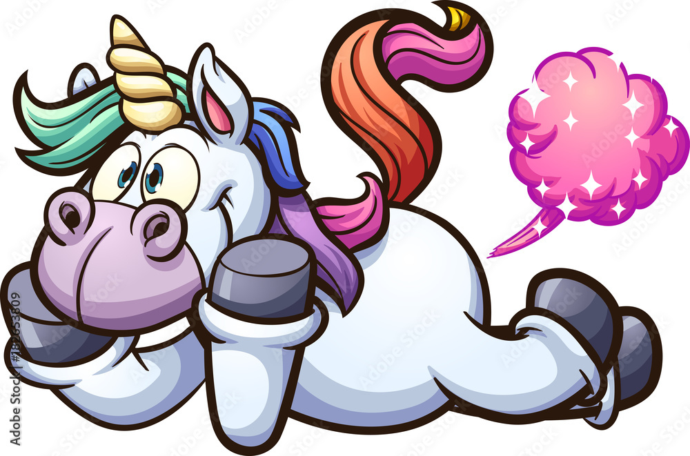 Farting cartoon unicorn. Vector clip art illustration with simple gradients. All in a single layer.  - obrazy, fototapety, plakaty 