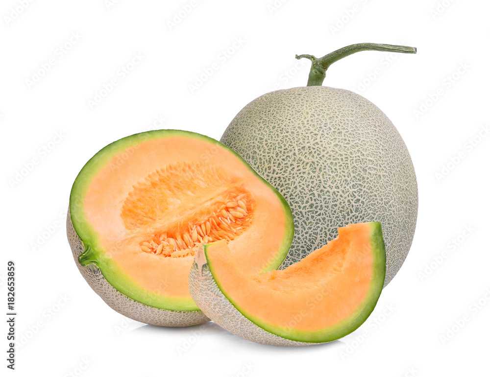 whole and half with slice of japanese melons, orange melon or cantaloupe melon isolated on white background whole and half with slice of japanese melons, orange melon or cantaloupe melon isolated on white background