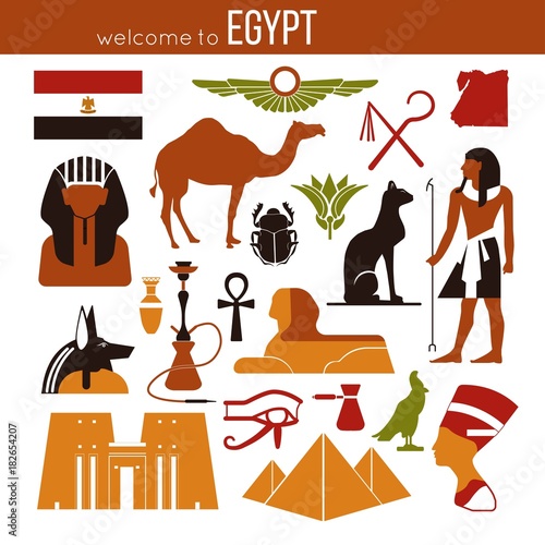 Set of Egypt symbols and landmarks. Flat vector illustrations.