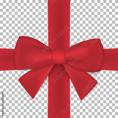 Realistic red bow and ribbon isolated on transparent background. Vector illustration