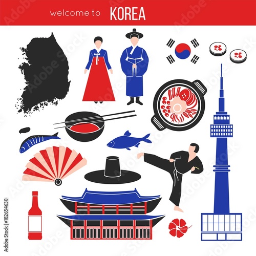 Korean customs and landmarks vector illustration on white