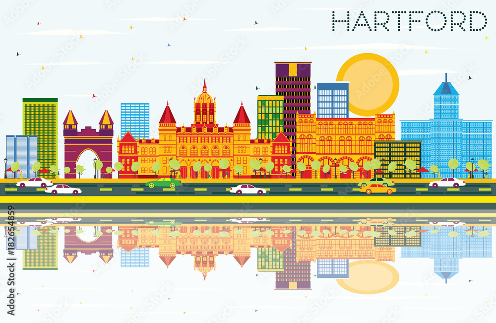 Hartford Skyline with Color Buildings, Blue Sky and Reflections.