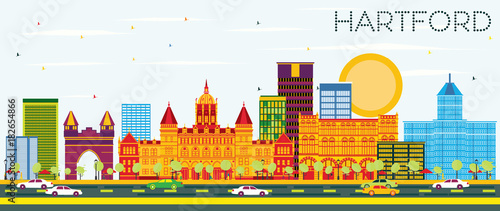 Hartford Skyline with Color Buildings and Blue Sky.