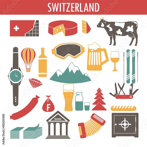 Switzerland sightseeing landmarks and famous vector travel attractions poster.