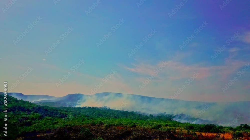 Aerial view of a forest fire on the horizon Aerial view of a forest fire on the horizon