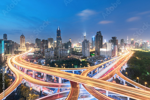 Elevated view of a Road Junction in Shanghai, China. aerial view the overpass at night, shanghai china.
