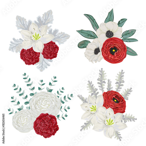 Decorative holiday bouquets set with flowers, leaves and branches. Vintage floral elements. Hand drawn vector illustration in watercolor style