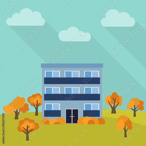 Lone three-storey house in a field with an yellow trees. Vector illustration.
