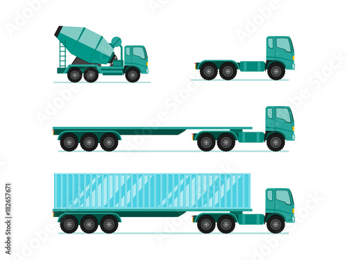 Truck illustration sets. trailer with container, long vehicle, cement truck with flat design style vector illustration.