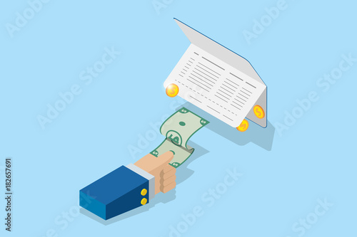 isometric business hand pull banknote from account passbook, financial and business concept