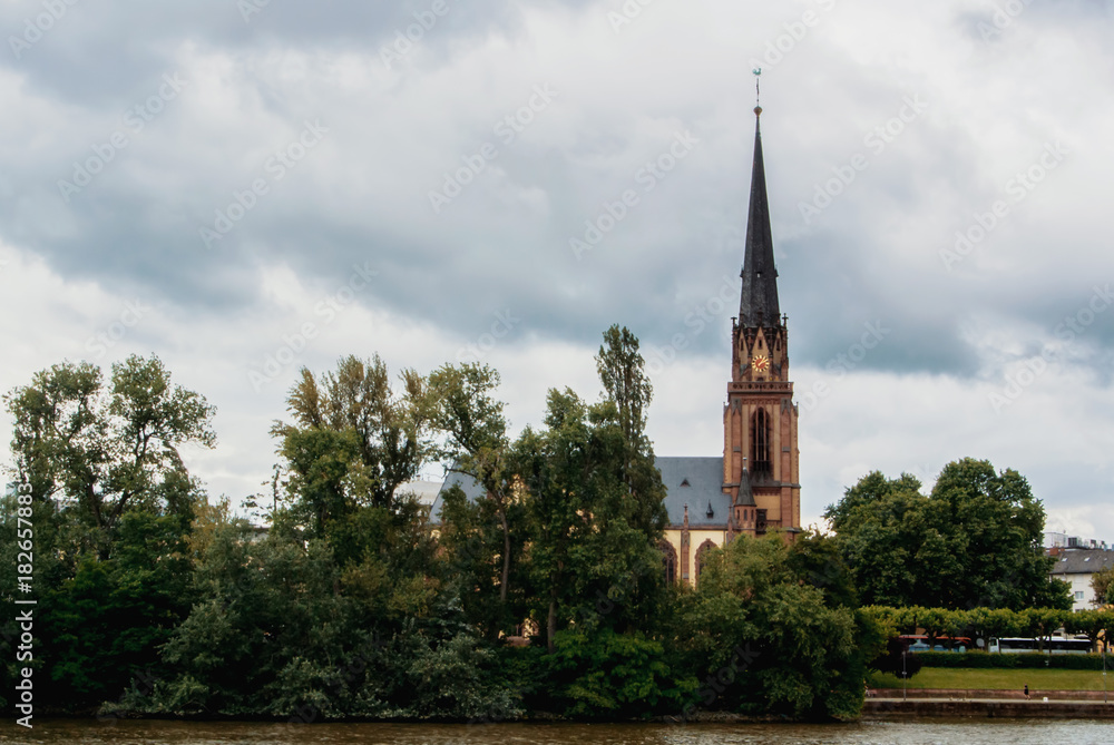 A view to a gothic church near the river at Frankfurt.