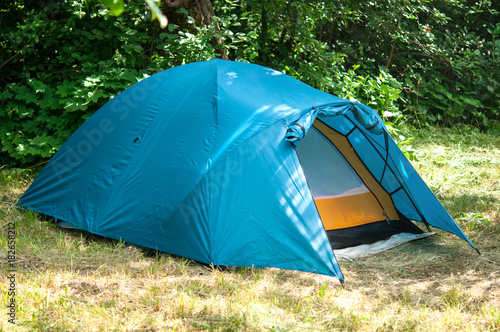 The blue tent stands on the edge of the forest.