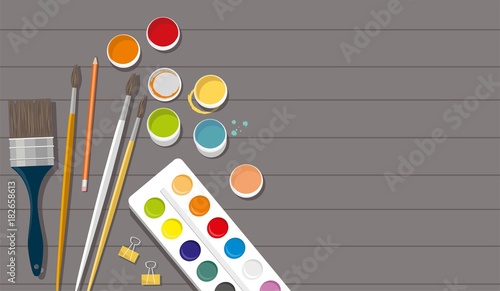 Art product isolated on wooden background. Back to school. Wooden background.	